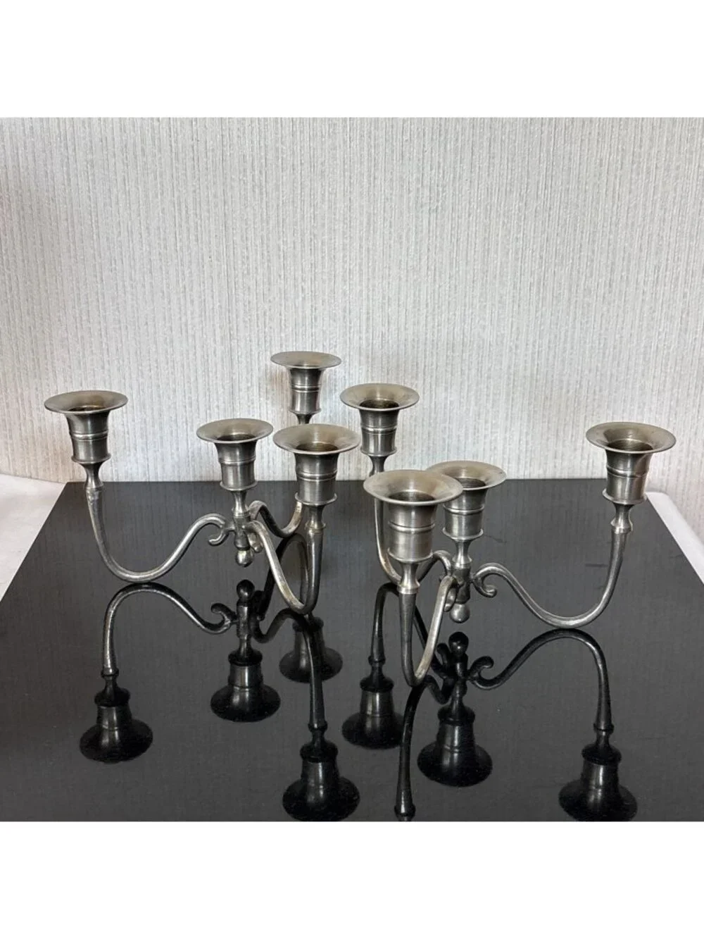 Vintage Candelabra Taper Candle Holder Set Silvertone Metal Ornate Scroll Arm